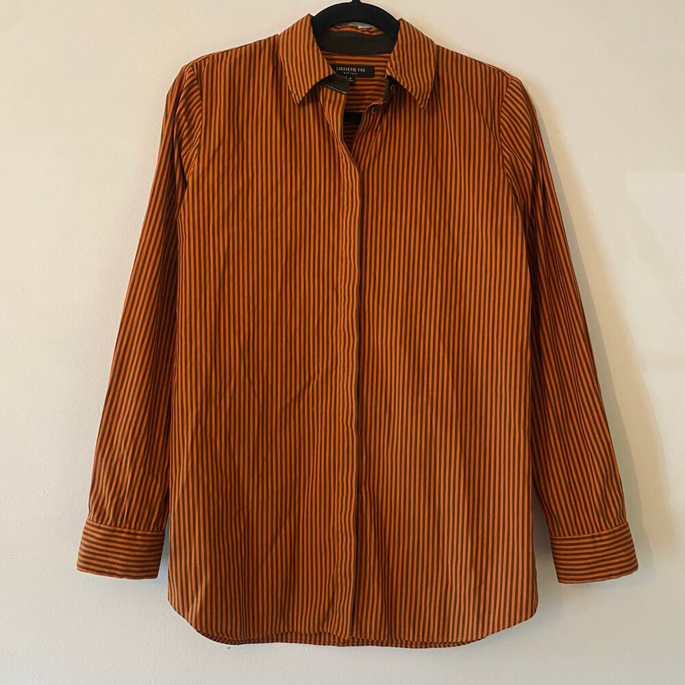 Lafayette 148 Orange Brown Pinstripe Button Down Shirt Cotton Preppy size Small - Picture 1 of 12